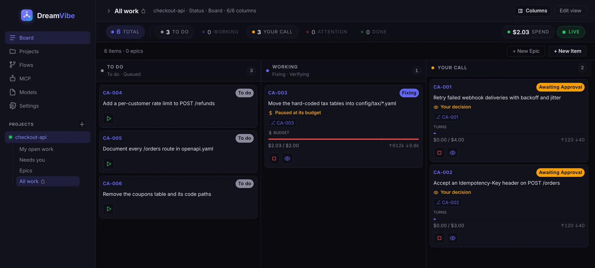 The DreamVibe board: tasks to do, one paused at its budget, two waiting for your approval, with spend per task.