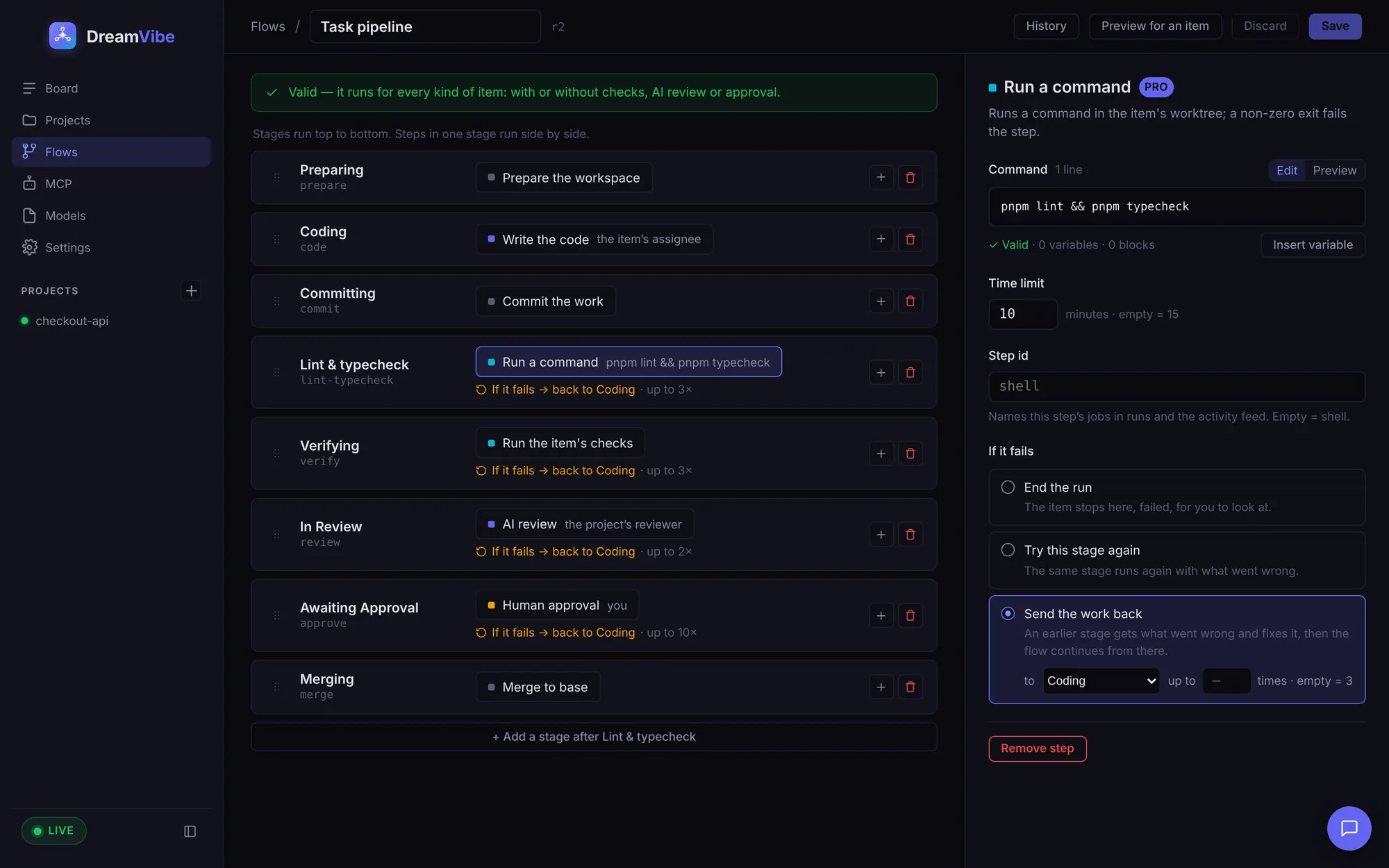 The flow editor: Preparing, Coding, Committing, a custom Lint and typecheck command step with a 10-minute limit, Verifying, AI review, human approval, Merging.