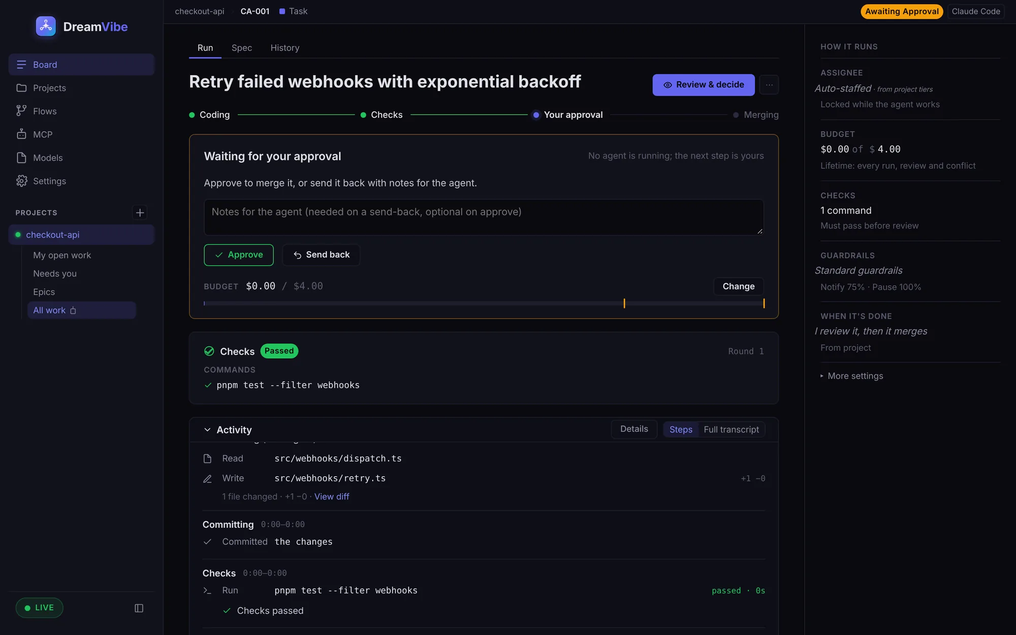 A task waiting for approval: Coding and Checks done, budget $0.00 of $4.00, checks passed, the activity log, Approve and Send back buttons.